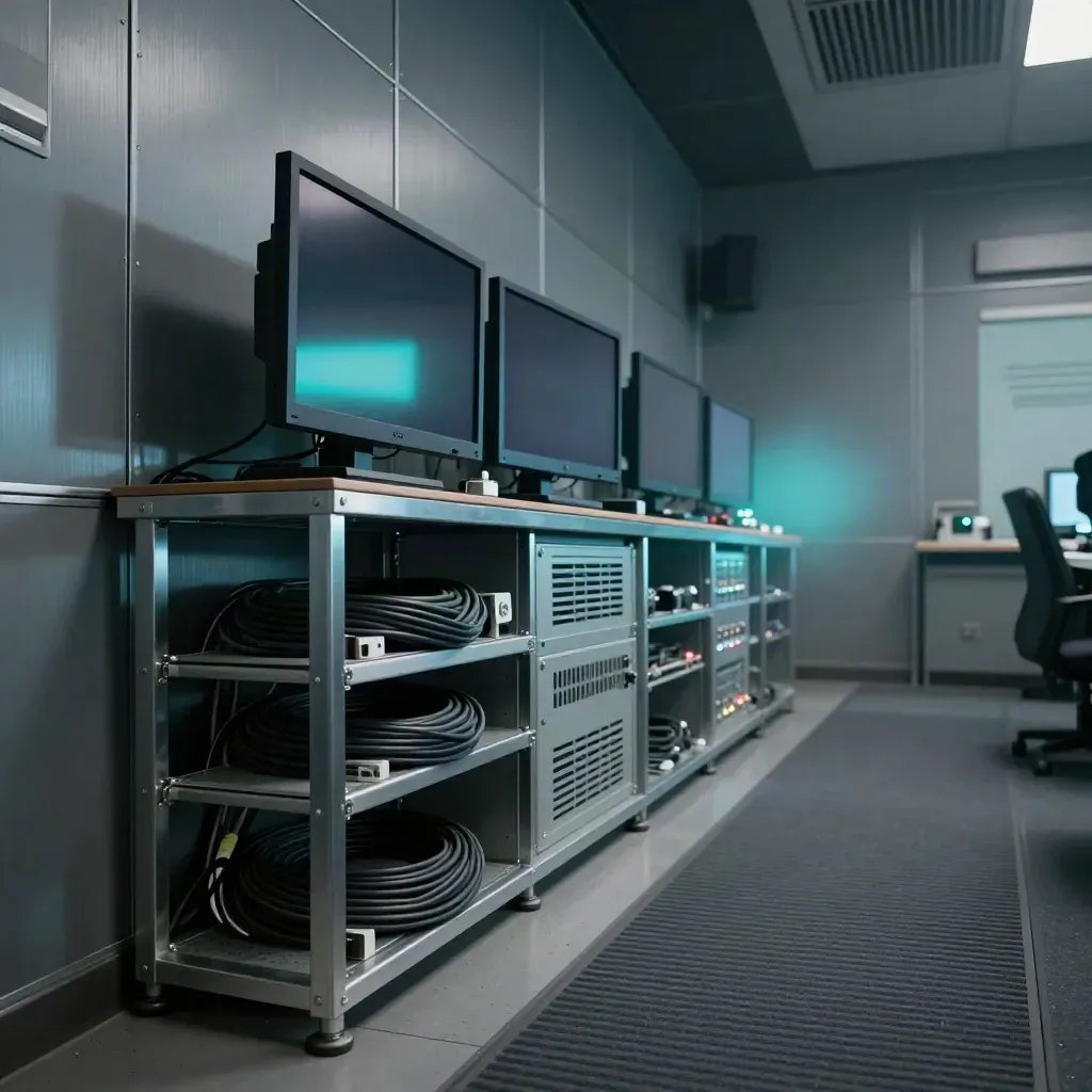 Dark broadcast control room corner with monitors, cable trays, and cyan reflections at midnight.