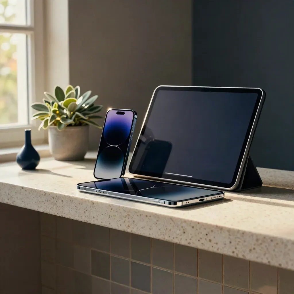 Phone and tablet on a travertine shelf beside mirrored tiles and a small plant