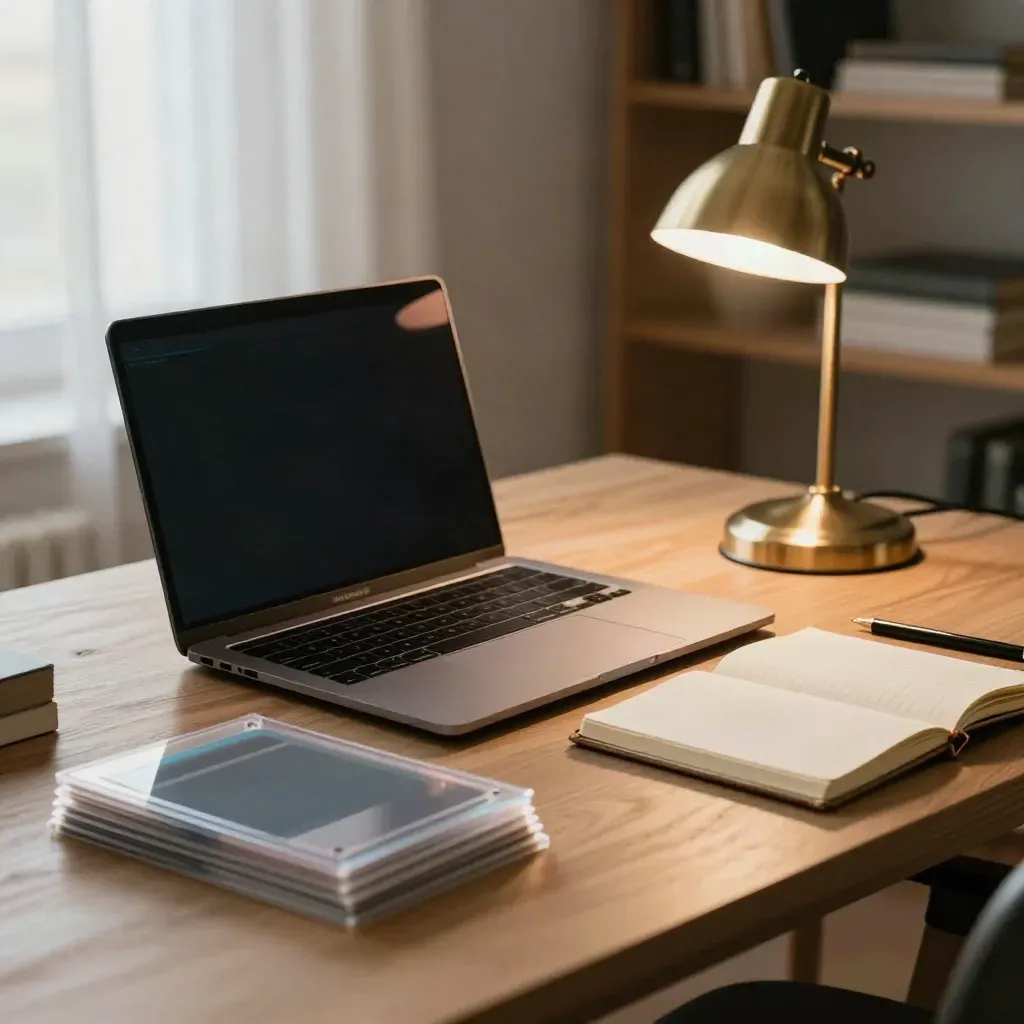 Muted laptop, acetate sleeves, cream notebook and brass lamp on a sunlit planning console.