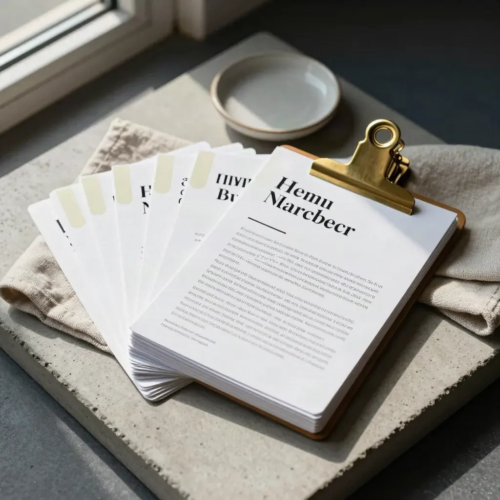 Top-down audience research cards with tabs, brass clip, linen cloth on a concrete tray.