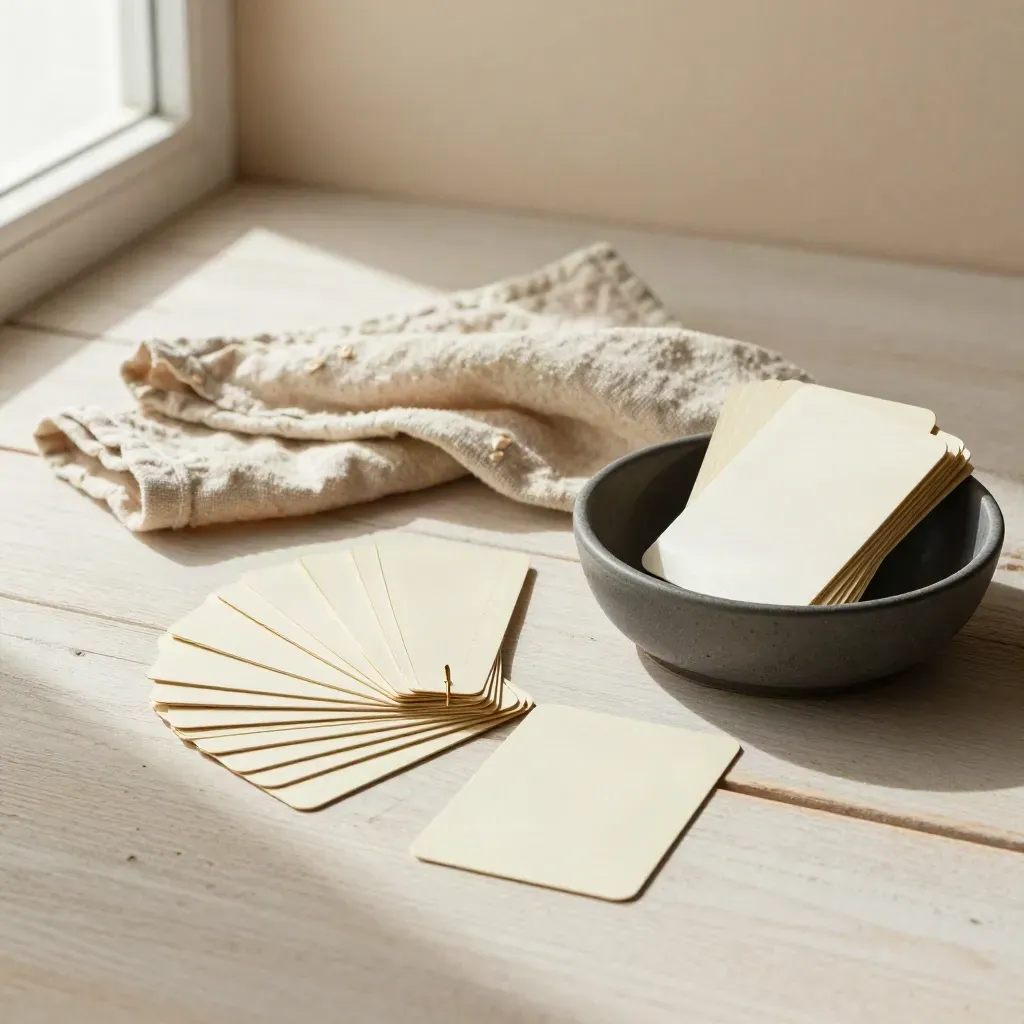 Overhead still-life of budget allocation cards, linen and a graphite bowl on pale wood.
